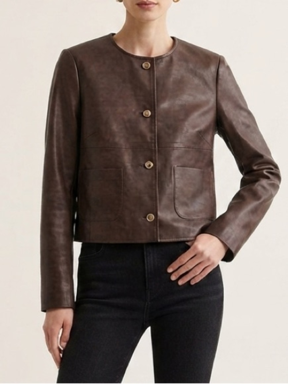 Michael Kors Dark Brown Cropped Faux Leather Jacket with Gold Buttons